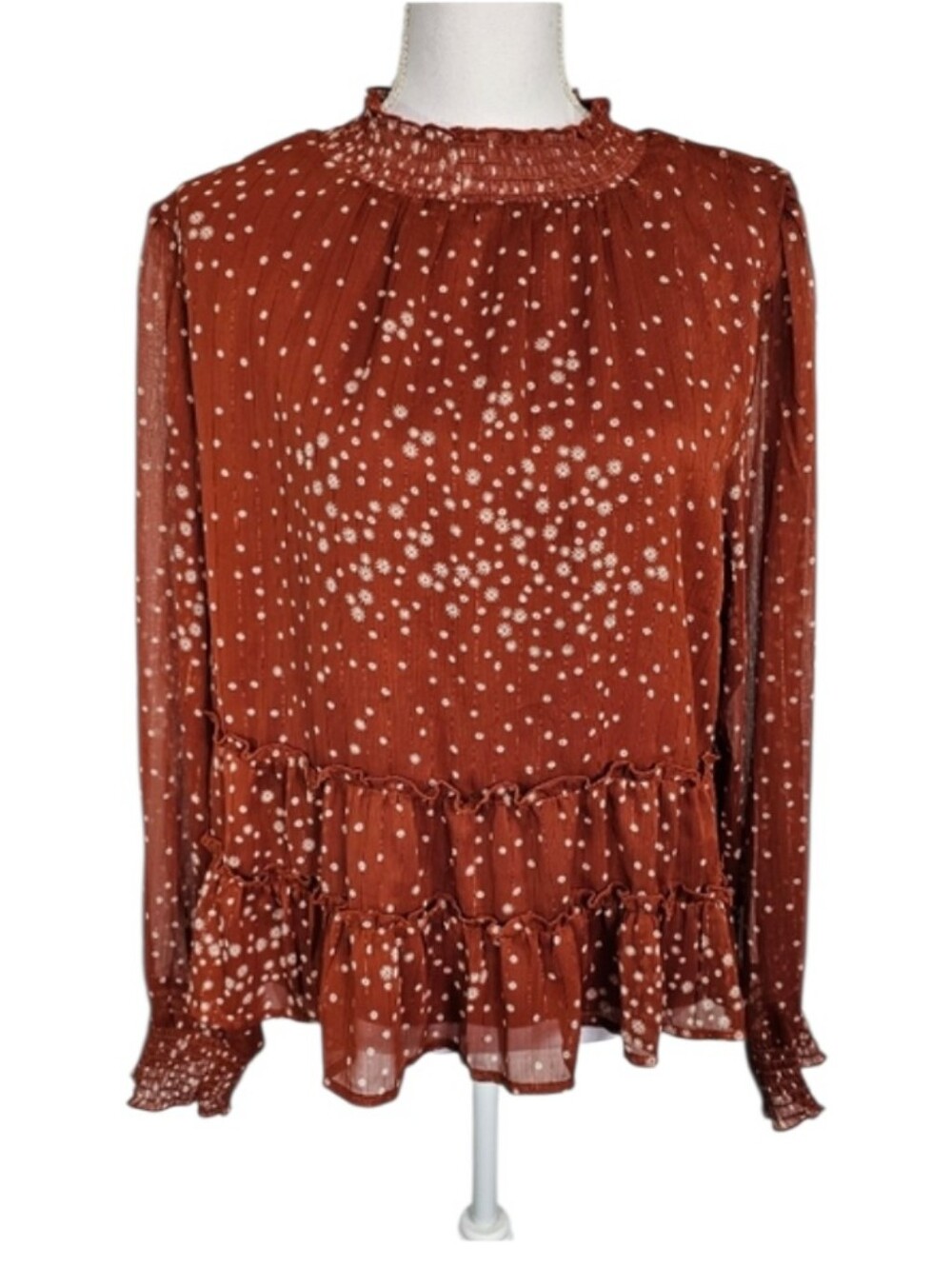 June & Hudson Tiered Ruffle Long Sleeve Smocked Neck‎ Orange White Blouse Size L